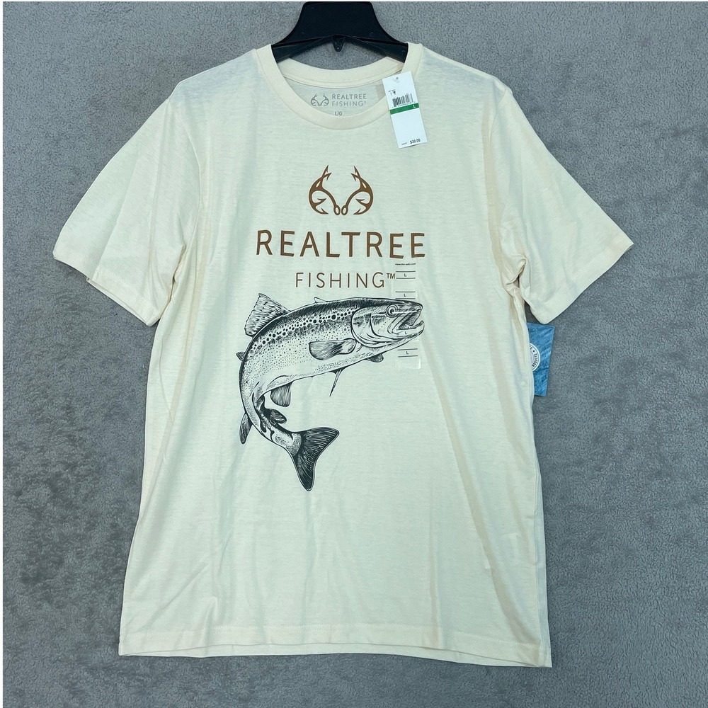 NWT Realtree Fishing T-Shirt Men's Large Beige Cotton Blend Graphic Tee